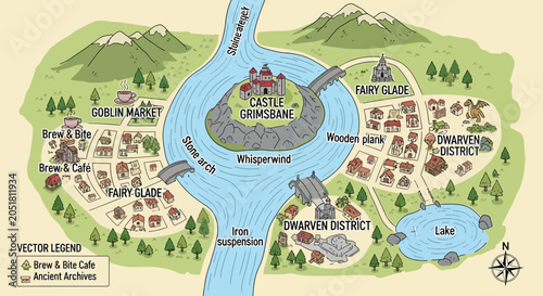 Fantasy Medieval Town Map Illustration: Castle, Village, River, Mountains, Fairy Glade