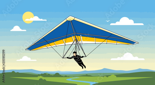 Man Hang Gliding Over Green Landscape Under Sunny Sky with Clouds