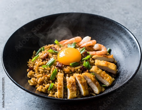 Ultra-realistic studio food photography captures beautifully plated fried rice, showcasing savory chicken, succulent shrimp, and a vibrant egg yolk, with enticing steam rising