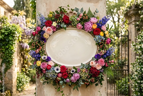 Blank Oval Sign with Colorful Floral Wreath on Stone Pillar in Garden