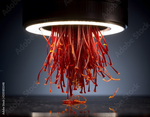 Ultra-detailed shot of vibrant saffron threads elegantly cascading in slow-motion, illuminated by a warm light, highlighting their rich texture and deep color