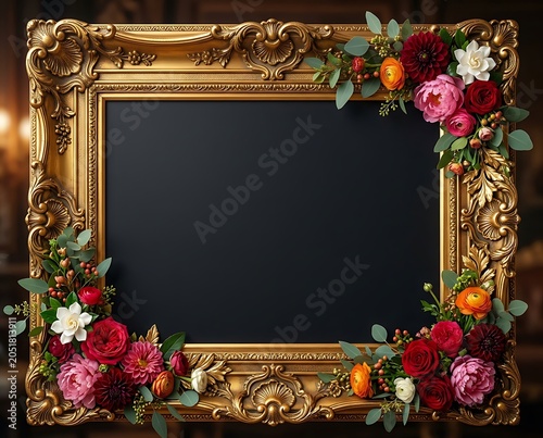 Elegant Ornate Gold Frame with Colorful Floral Bouquets and Blank Black Center