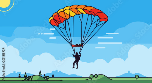 Parachutist Skydiver Descending Over Green Hills Under Blue Sky