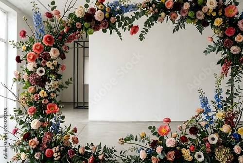 Floral Circular Wedding Arch Backdrop with Colorful Flowers in Modern Room