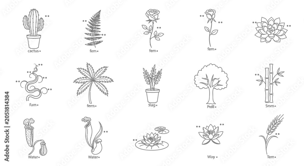 Fototapeta premium Set of Hand-Drawn Botanical Icons: Plants, Flowers, and Trees