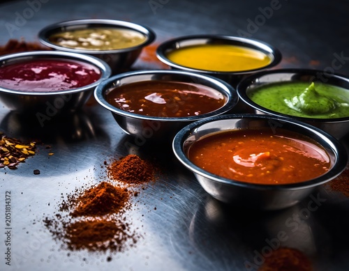 Ultra-realistic advertising shot of various colorful sauces in small metal bowls with scattered spices on a reflective dark metallic kitchen counter