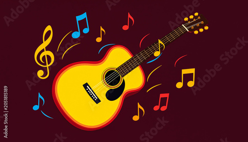 Acoustic Guitar with Colorful Musical Notes Vector Illustration