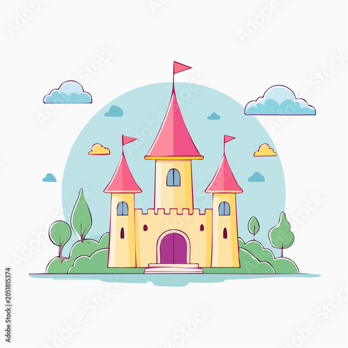 Cartoon Castle with Pink Towers and Flags