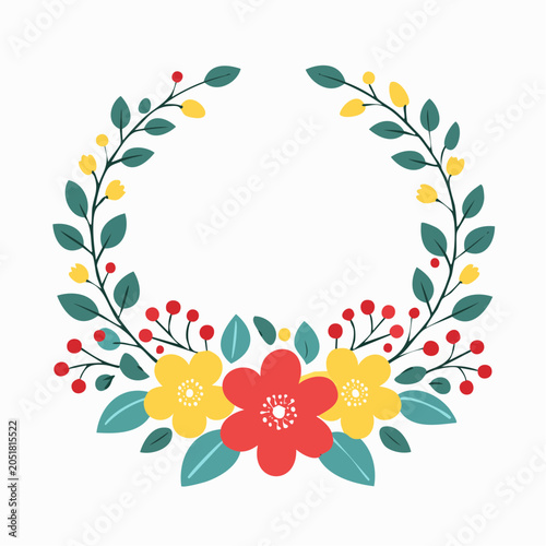 Floral Wreath with Red and Yellow Flowers and Green Leaves