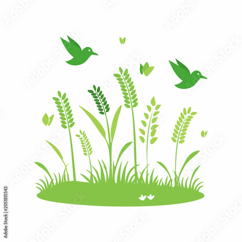 Green Wheat Field with Birds and Butterflies