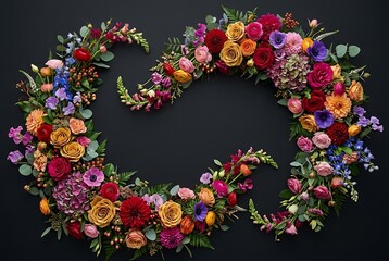 Elegant Vibrant Flower Wreath Border on Dark Black Background