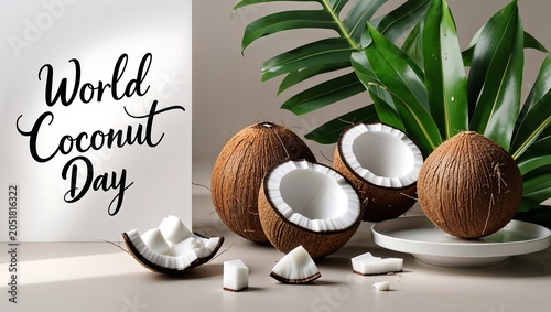 World coconut day celebration with fresh whole and cracked coconuts