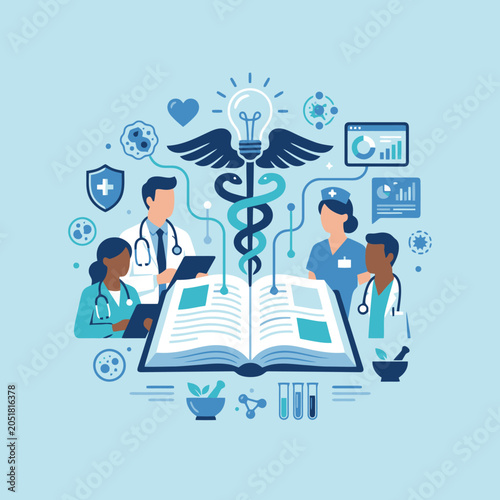 Fotografie Medical professionals study from a large open textbook illustration