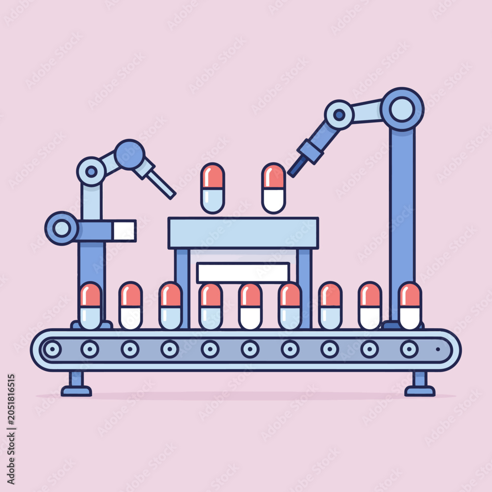 Naklejka premium Automated robotic arms assemble medical capsules on a conveyor belt