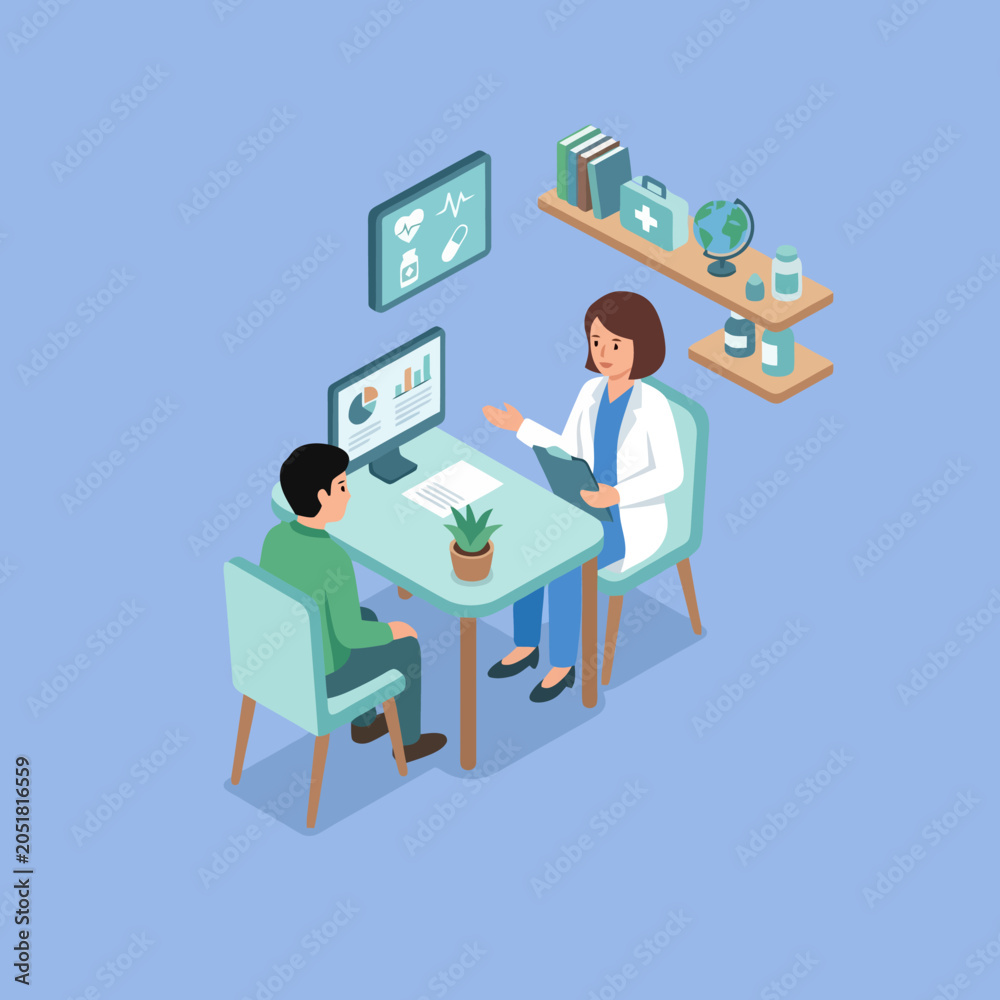 Naklejka premium A doctor consults with a patient in a modern medical office