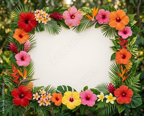Tropical Flower Frame with Blank Central Copy Space for Summer Designs