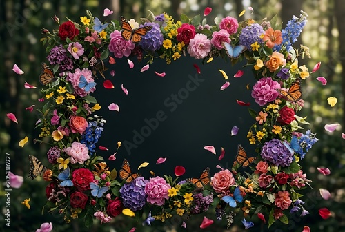 Vibrant Floral Frame with Colorful Flowers Butterflies and Floating Petals