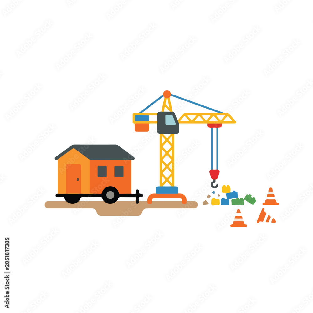Naklejka premium A construction site illustration featuring a yellow crane, an orange site office trailer, scattered building blocks, and traffic cones.