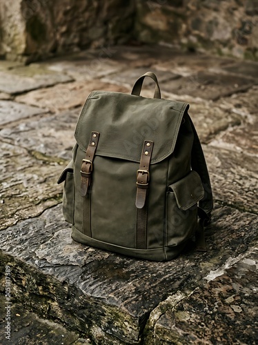 Vintage Olive Green Canvas Backpack with Leather Straps on Rustic Stone Steps