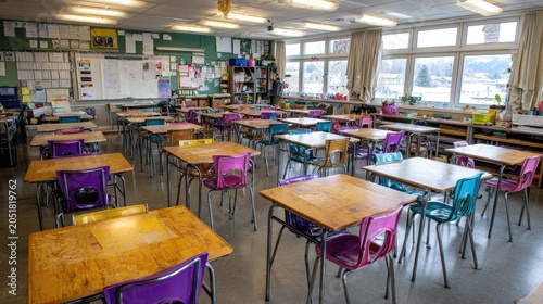Classroom interior with desks chairs and large windows natural lighting