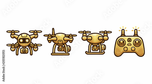 Set of golden drone icons with remote controller.