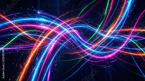 Vibrant colorful energy lines flowing in abstract waves on satin fabric