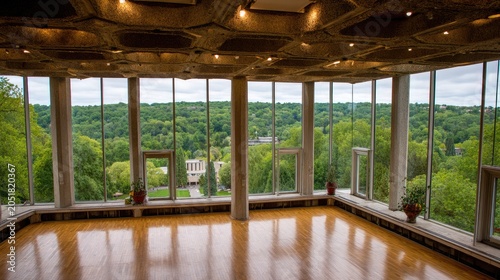 Modern interior with large windows overlooking green forest landscape