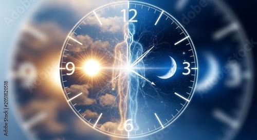 Silhouette of a man inside a clock face showing day and night transition. Circadian rhythm concept with glowing neural network. Biological body clock and inner health awareness background.