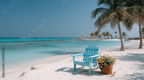 Beach scene with chair flowers and palm trees under a clear blue sky