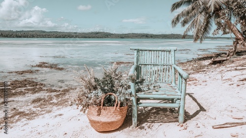Beach scene with chair basket and greenery overlooking the ocean on a sunny day