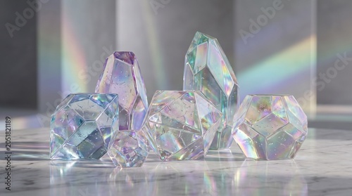 Vibrant crystal shapes create colorful abstract background with bokeh lights