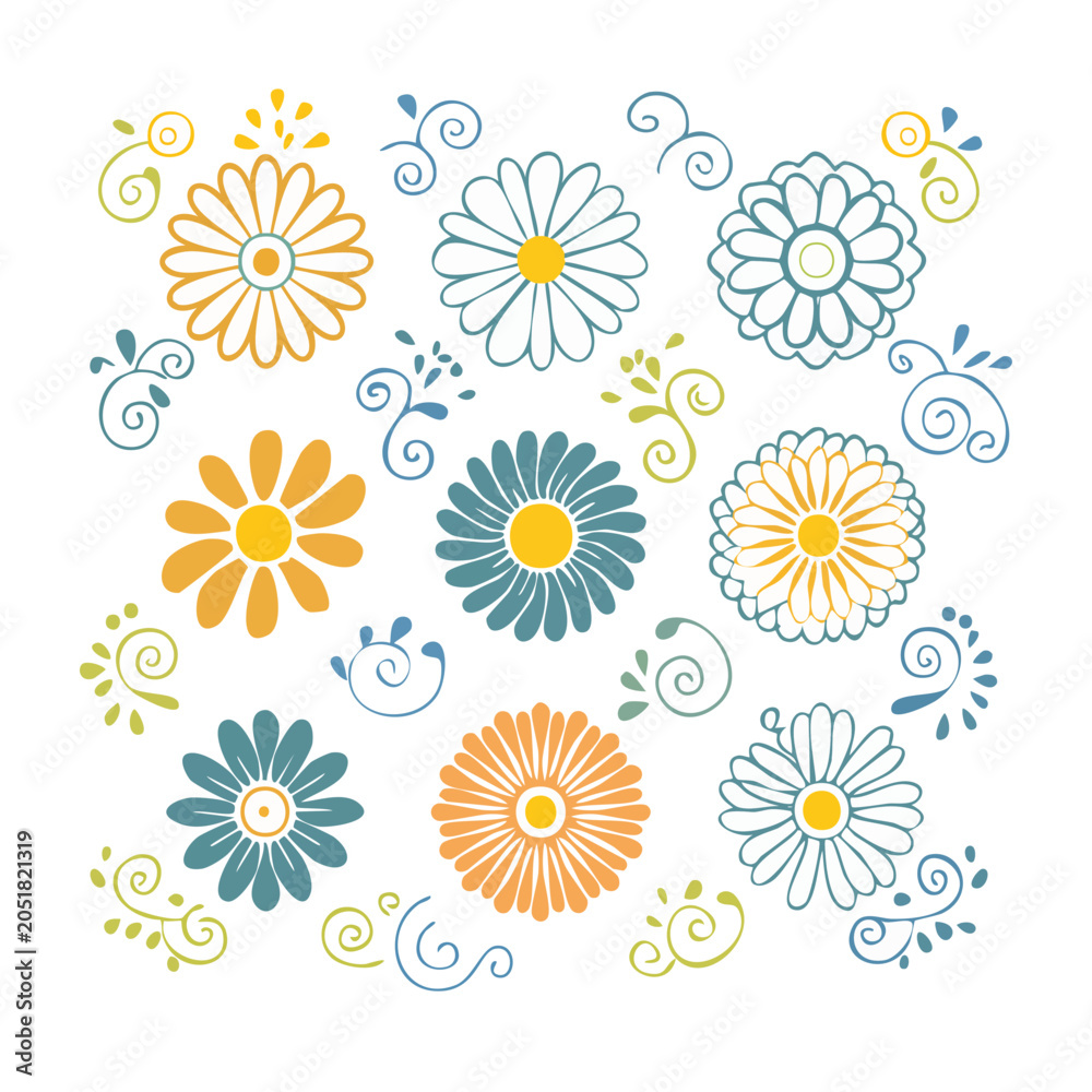 Fototapeta premium Flat design floral pattern with daisies and swirls
