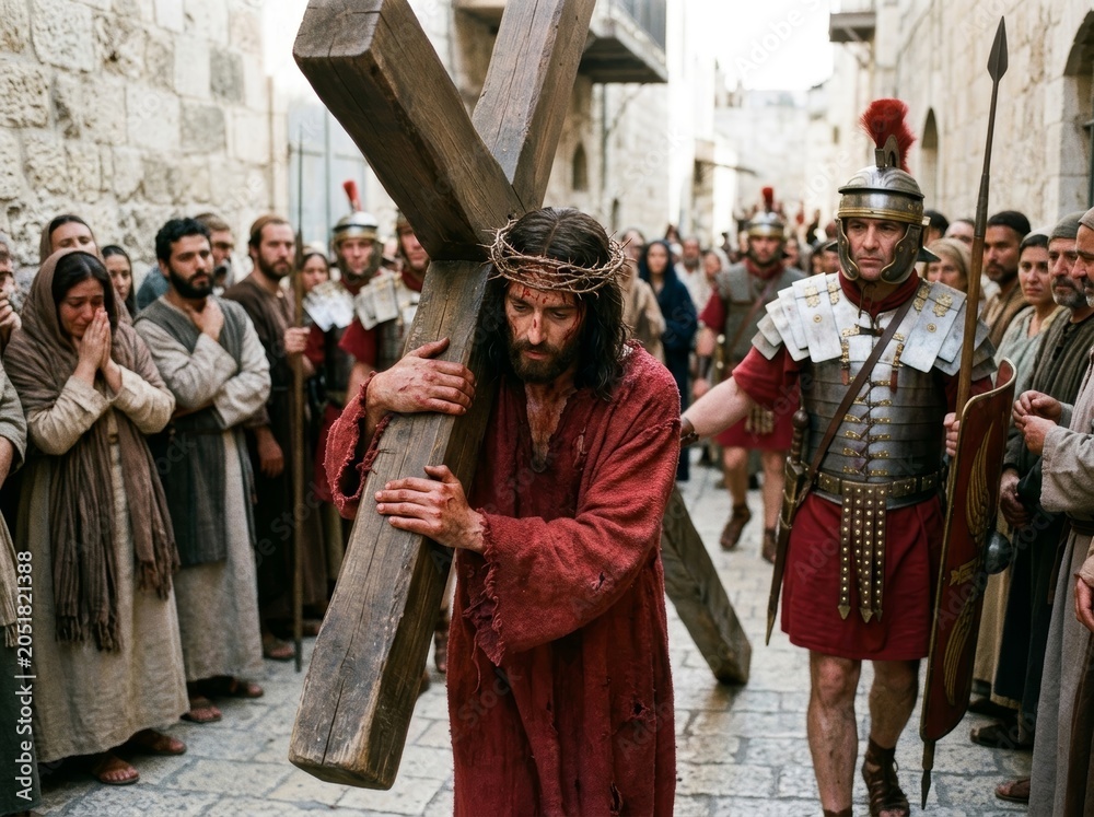 Obraz premium Jesus Christ carrying the wooden cross through Jerusalem streets surrounded by Roman soldiers and mourning people. Biblical scene of the Passion of Christ during Easter religious tradition.