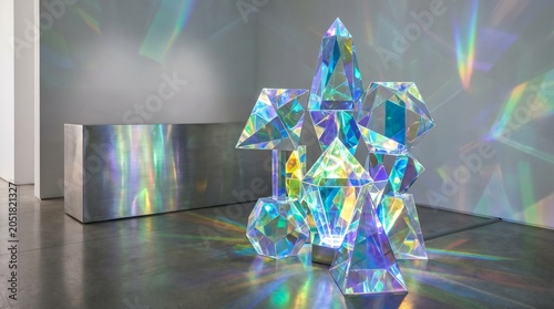 Crystal shapes create vibrant abstract display in modern room interior with colorful lights