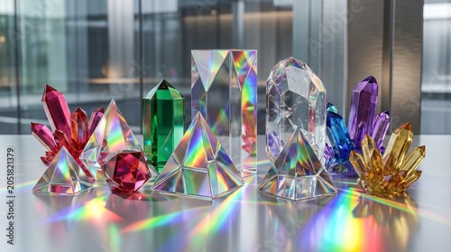 Vibrant crystal shapes reflect rainbow lights on a modern surface indoors