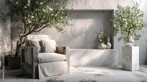 Elegant room interior featuring armchair and decorative plants