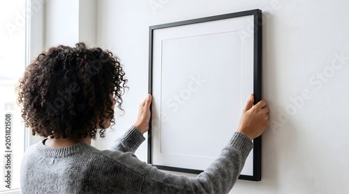Woman with Curly Hair Hanging a Blank White Picture Frame on a Minimalist Interior Wall