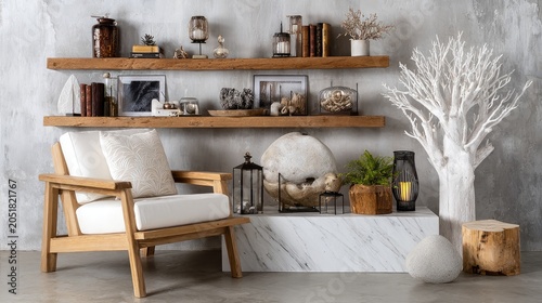 Modern interior design with chair shelves and decorative elements