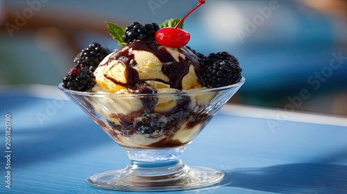 Delicious ice cream sundae with blackberries and cherry dessert