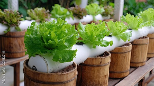 Fresh lettuce plants growing in wooden pots outdoor hydroponic system