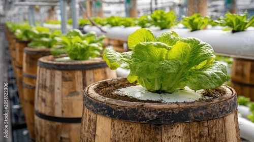 Hydroponic lettuce plants growing in wooden barrels inside greenhouse