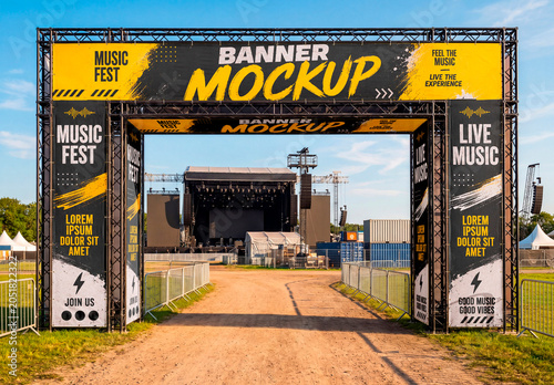 Large festival entrance banner mockup with stage view