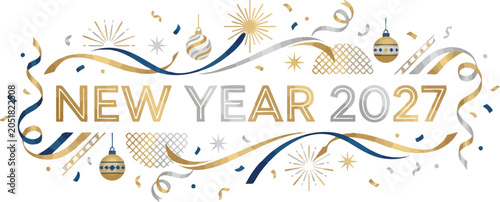 Elegant New Year 2027 celebration banner with gold ribbons
