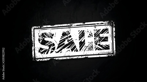 Distressed white sale stamp on black textured background perfect for retail promotions marketing banners and clearance event advertising