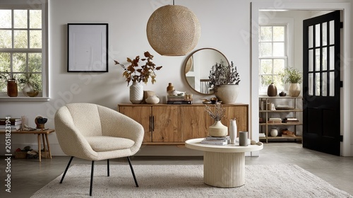 Modern living room interior design with furniture and decorative items