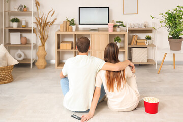 Young couple watching TV at home, back view