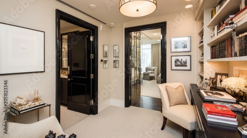 Elegant home office interior with desk chair and open doors showcasing design