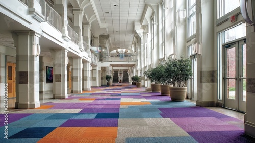 Grand hall interior with columns and colorful floor design