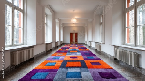Colorful hallway with a patterned rug and large windows overhead view