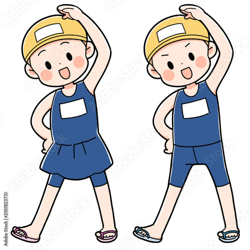 水着姿で準備体操をする人のイラスト